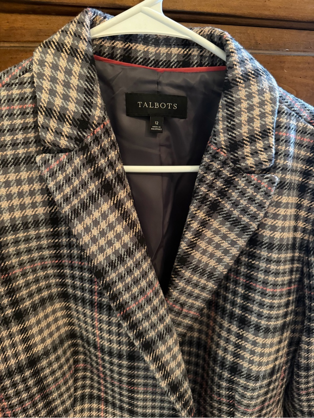 Talbots Black, Cream & Pink Plaid Double-Breasted Blazer - Picture 3 of 4